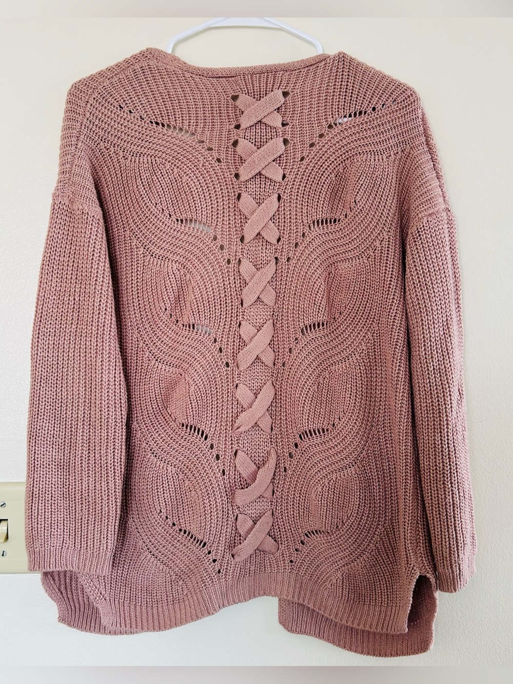 Pre-loved Large Pink Republic Mauve Cardigan Lace Up Criss Cross Back Knitted